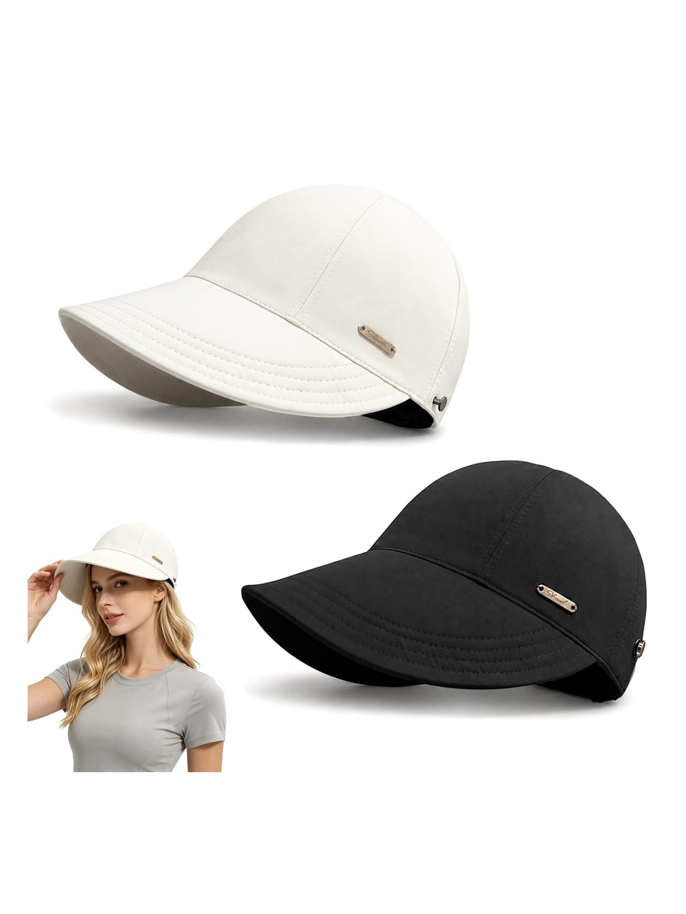 2Pcs Women's Sun Hat Wide Brim Ponytail Hat Lightweight | White, Black | Size OS